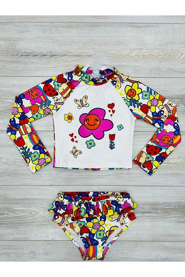 Uzun Kollu Güneş Korumalı Alt Bikinlili Kız Çocuk Mayosu