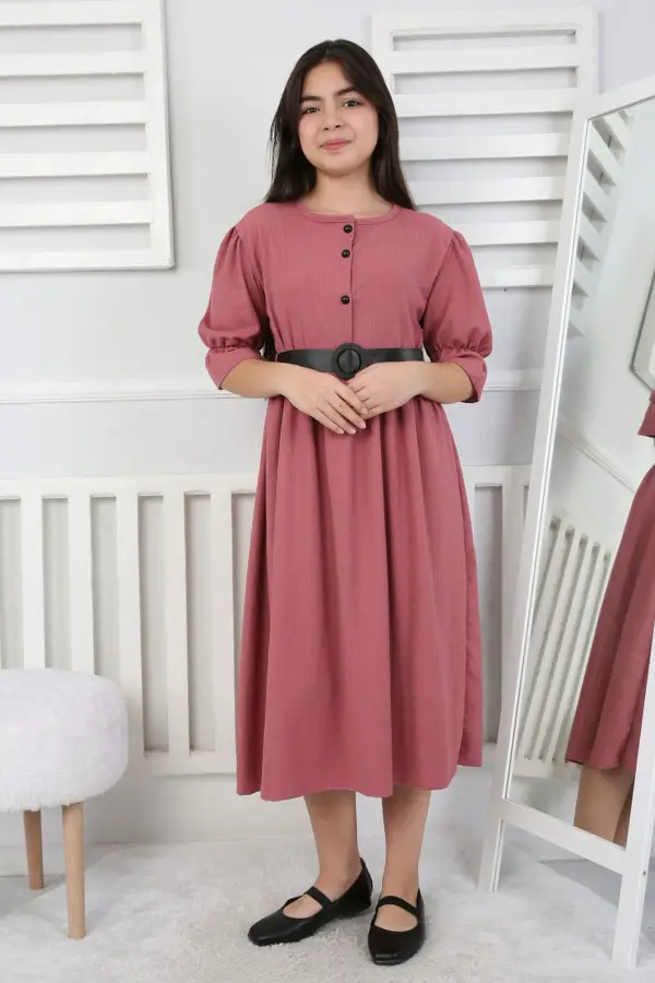 Beli Büzgü Ve Kemerli Kız Çocuk Elbise