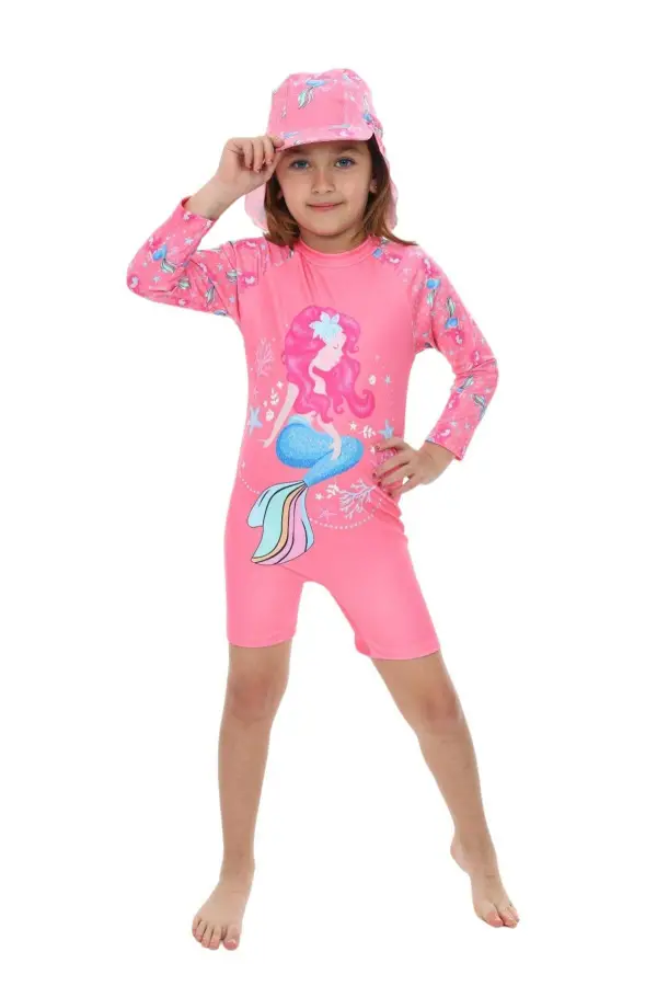 Şapkalı Fermuarlı Uzun Kollu  Kız Çocuk Mayo