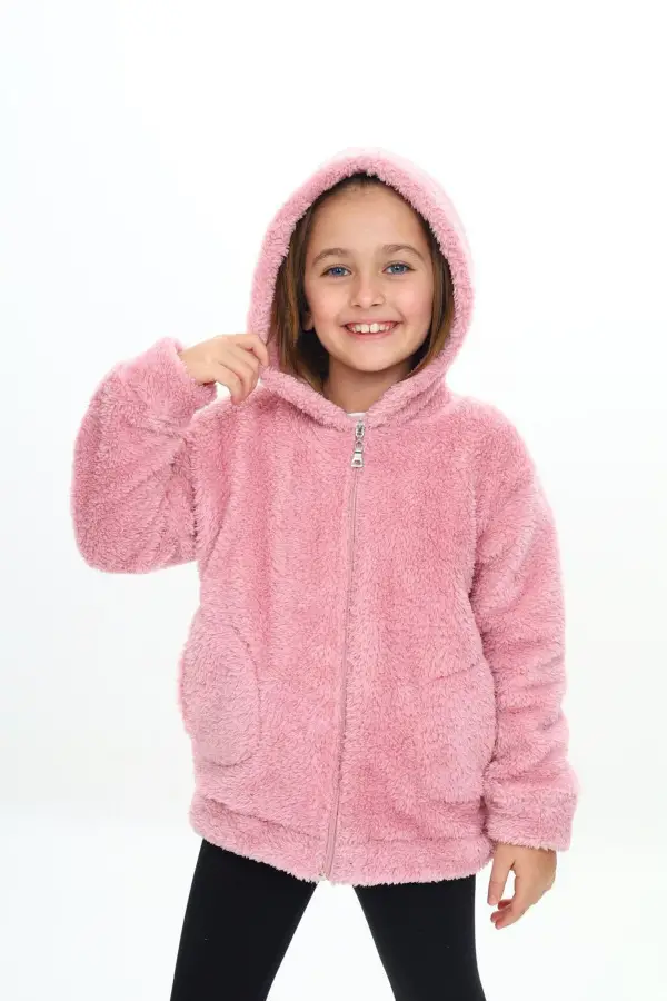 Kapuşonlu Fermuarlı Peluş Çocuk Montu