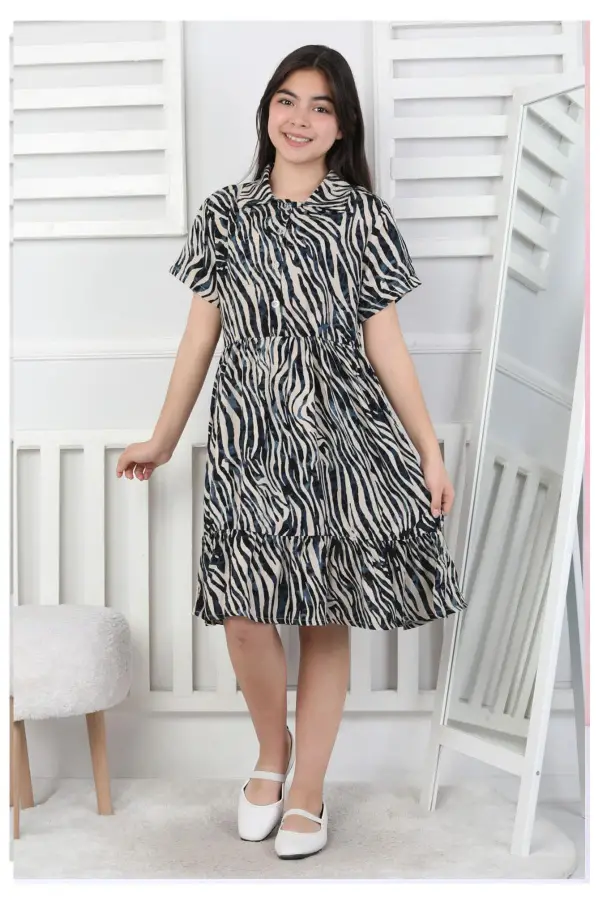 Desenli Kız Çocuk Düğmeli Elbise