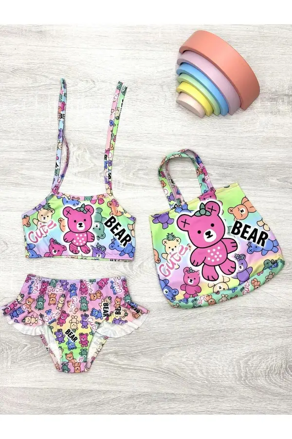 Üç Parça Çantalı Kız Çocuk Fırfırlı Bikini Takım