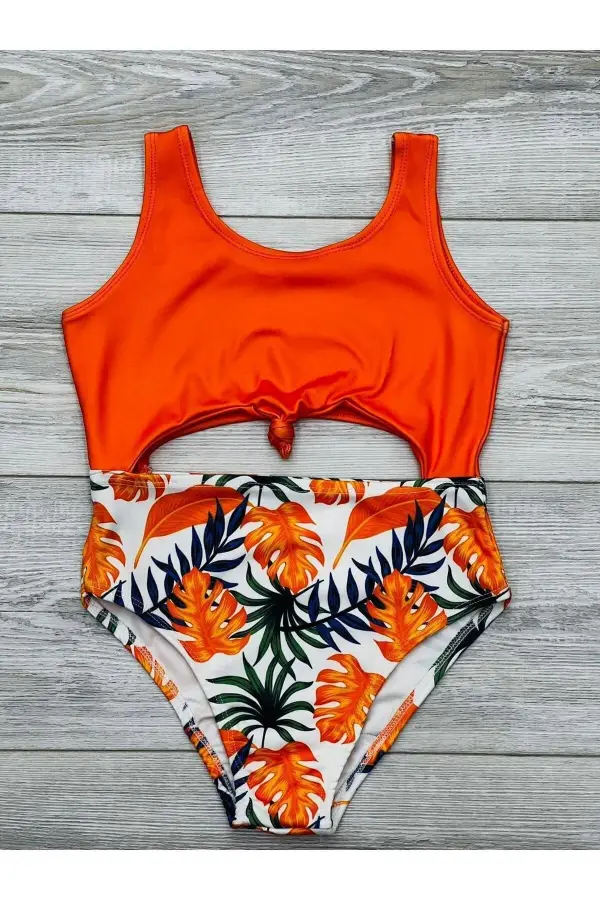 Kız Çocuk Sırt Detaylı Önden Bağlamalı Desenli Mayo