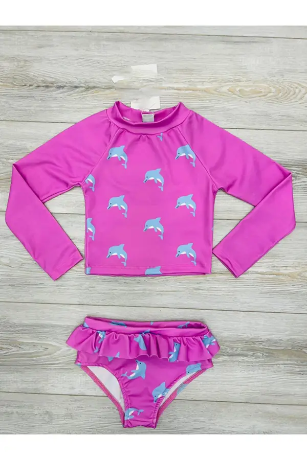 Uzun Kollu Güneş Korumalı Alt Bikinlili Kız Çocuk Mayosu