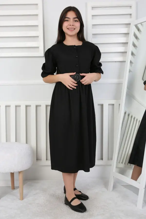 Beli Büzgü Ve Kemerli Kız Çocuk Elbise