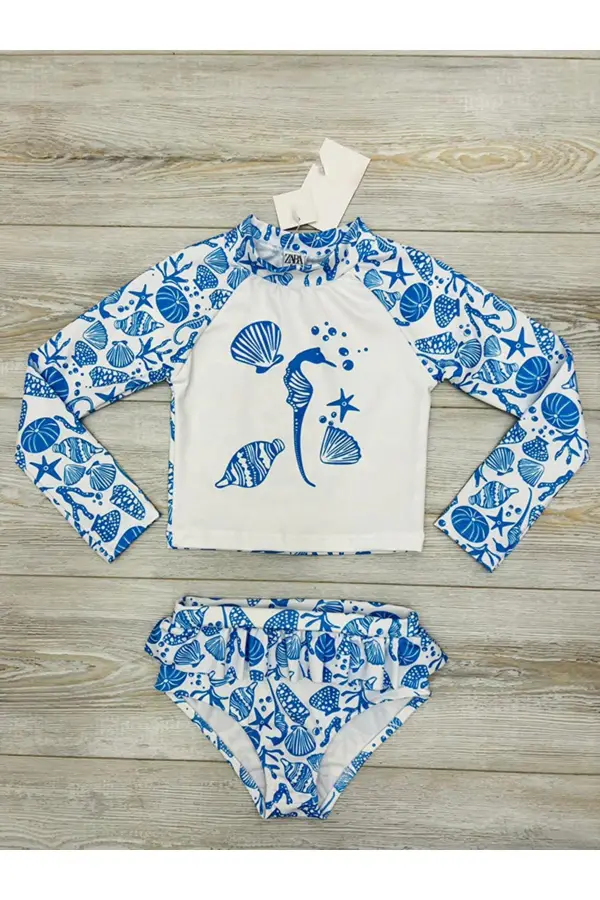 Uzun Kollu Güneş Korumalı Alt Bikinlili Kız Çocuk Mayosu